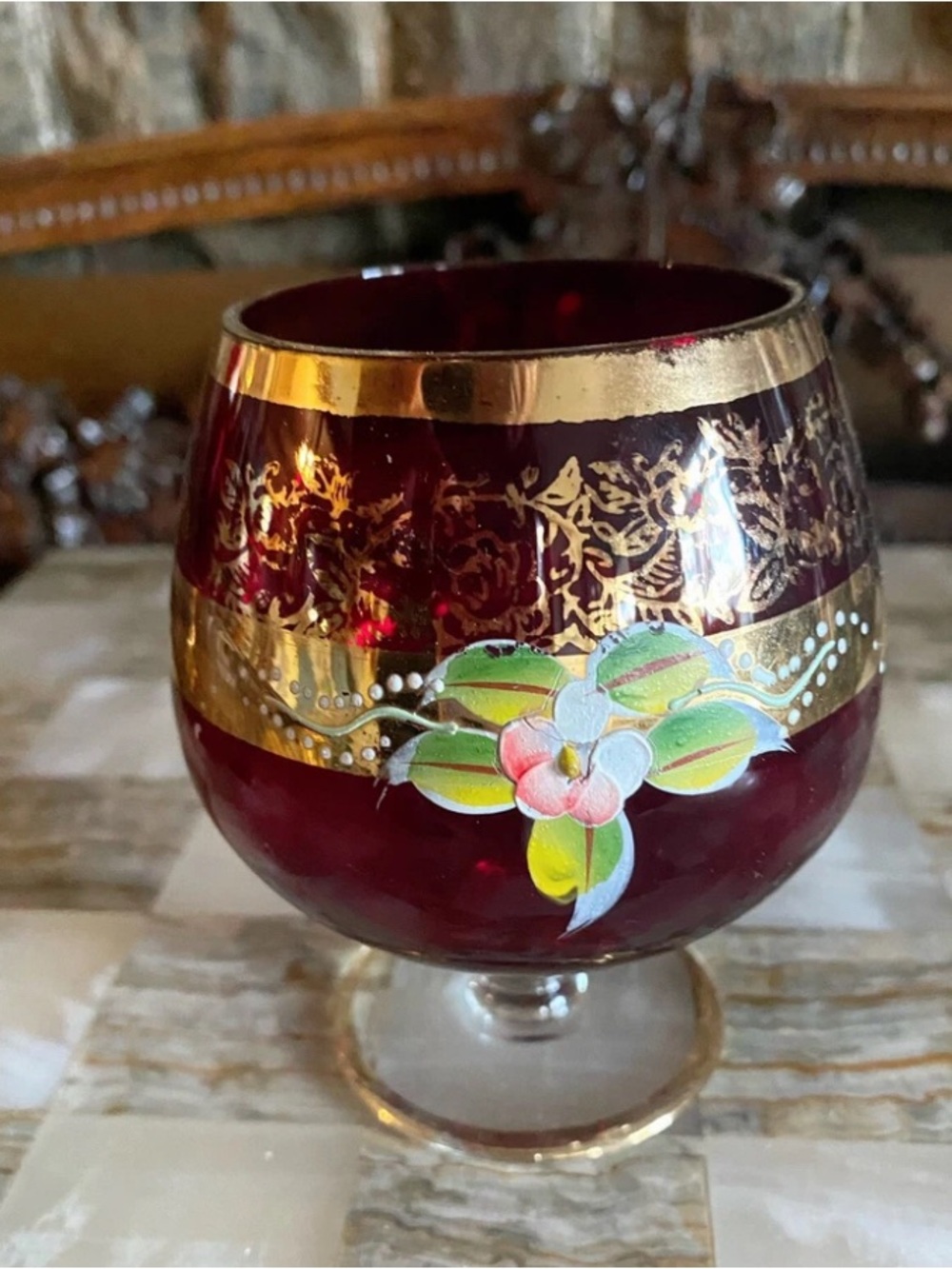 Vtg Bohemian Czech Ruby Red & Gold HandPainted Wine/Brandy Glass Art Glass